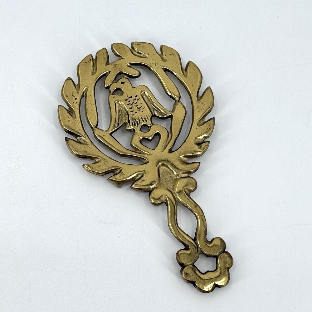 Vintage Japan Brass/Brass Tone Trivet Eagle Bird Wreath Footed Hot Plate 8” MCM